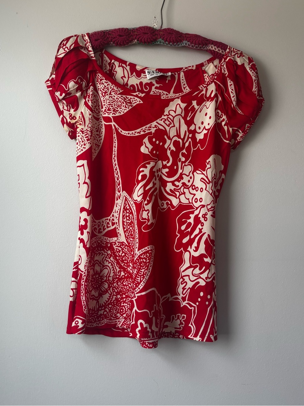 90s Red Floral Puff-Sleeve Top
